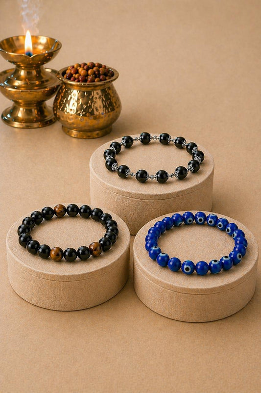 Antrya Protection Shield Set: Karungali Silver Cap Bracelet, Evil eye Bracelet, Triple Protection Bracelet