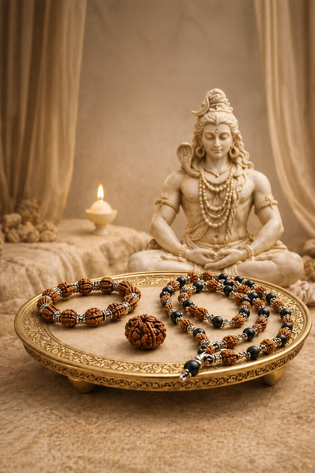 Antrya Shiva Protection Set:5 Mukhi Rudraksha Rudraksha Karungali cap Mala Rudraksha silver cap bracelet