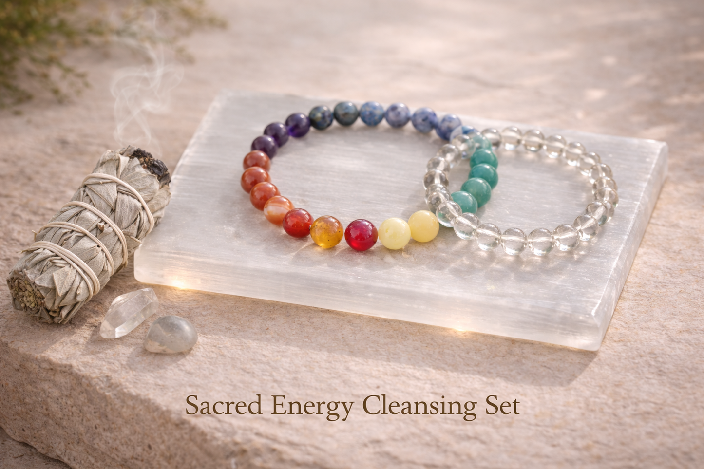 Antrya Sacred Energy Cleansing Set:Selenite Plate
Clear Quartz Bracelet
7 Chakra Bracelet