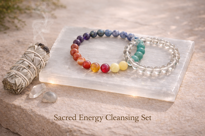 Antrya Sacred Energy Cleansing Set:Selenite Plate
Clear Quartz Bracelet
7 Chakra Bracelet