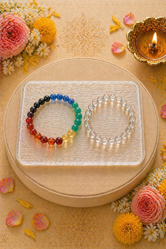 Antrya Sacred Energy Cleansing Set:Selenite Plate
Clear Quartz Bracelet
7 Chakra Bracelet