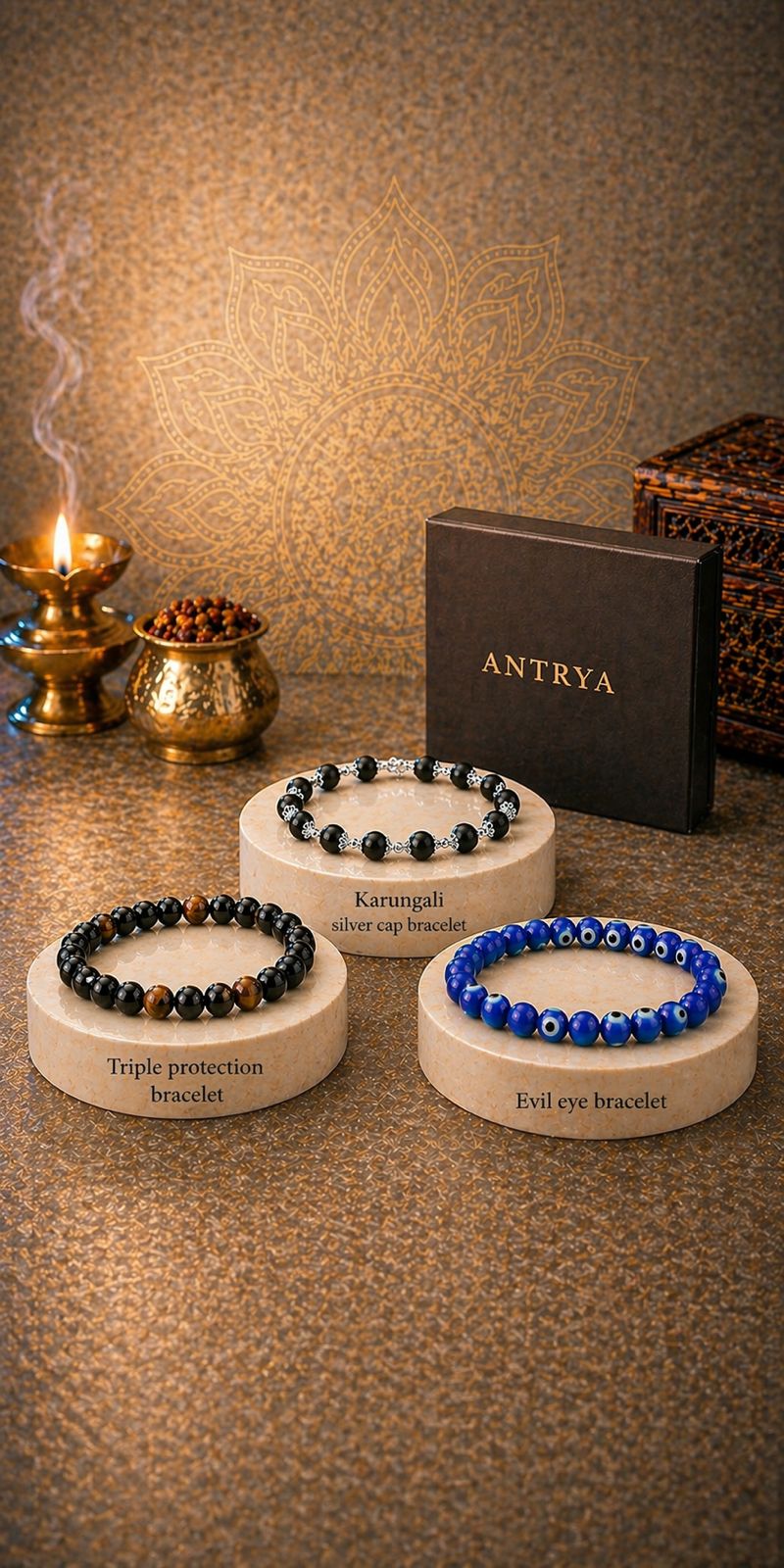Antrya Protection Shield Set:  Karungali Silver Cap Bracelet, Evil eye Bracelet, Triple Protection Bracelet