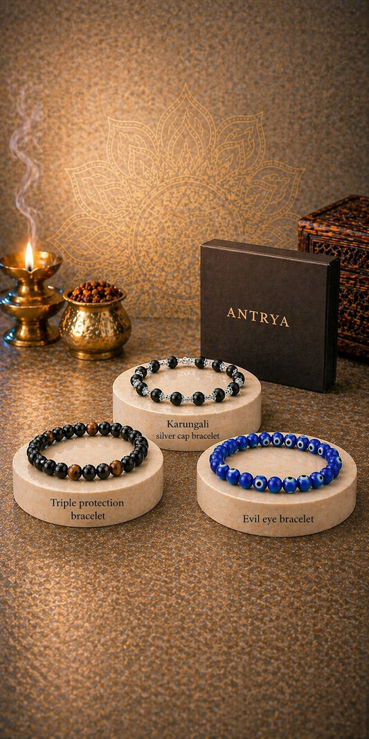 Antrya Protection Shield Set:  Karungali Silver Cap Bracelet, Evil eye Bracelet, Triple Protection Bracelet