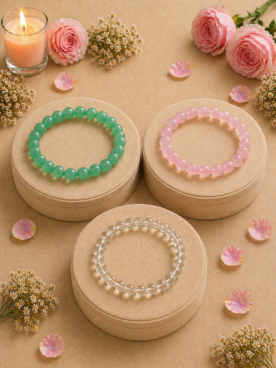 Antrya Love & Harmony Set:Rose Quartz Bracelet Clear Quartz Bracelet Green Aventurine Bracelet